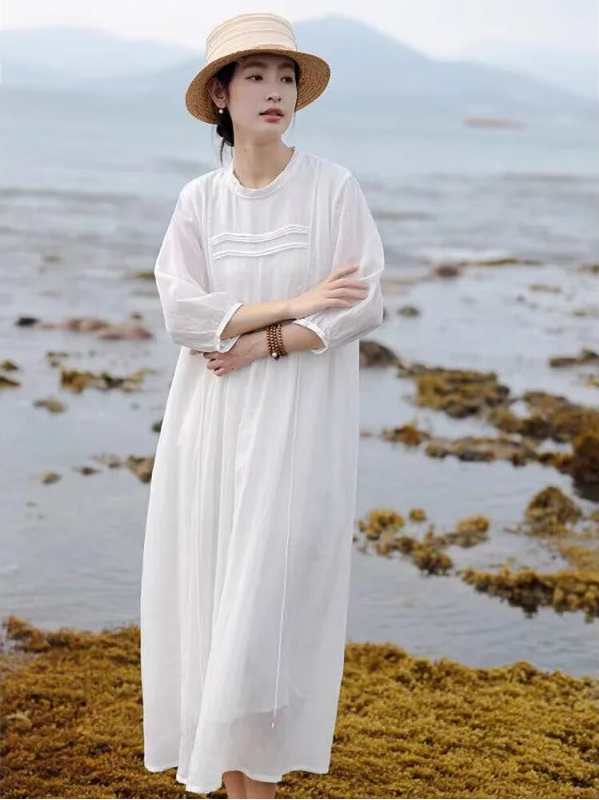 White A-line linen-blend maxi dress with horizontal pintuck chest pleating
