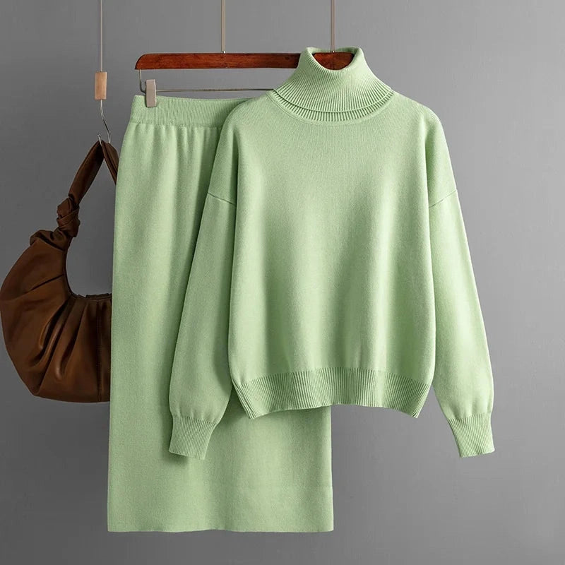 Two Piece Skirts Sets Knitted Solid Turtleneck Sweaters outfit sets