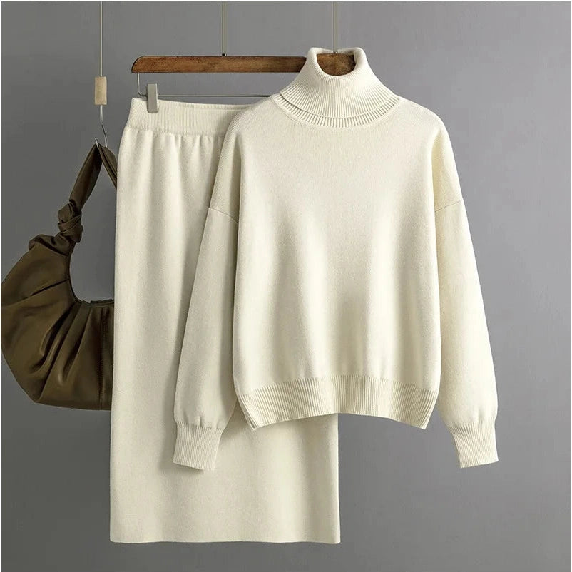 Two Piece Skirts Sets Knitted Solid Turtleneck Sweaters outfit sets