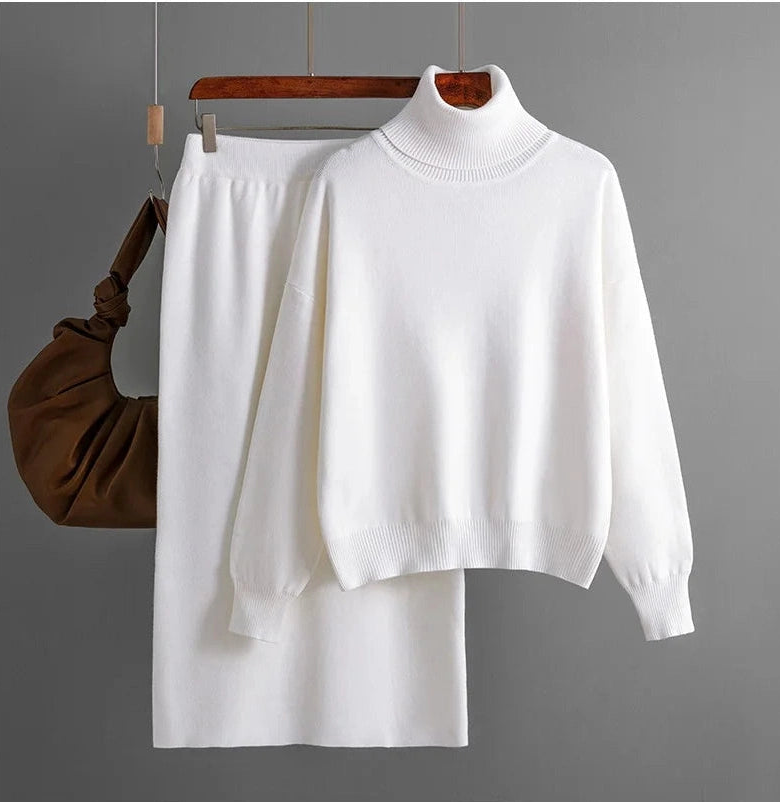 Two Piece Skirts Sets Knitted Solid Turtleneck Sweaters outfit sets