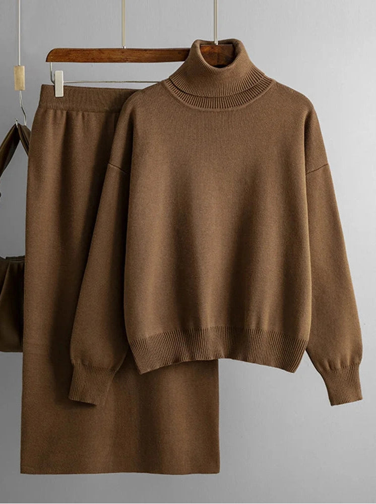 Two Piece Skirts Sets Knitted Solid Turtleneck Sweaters outfit sets