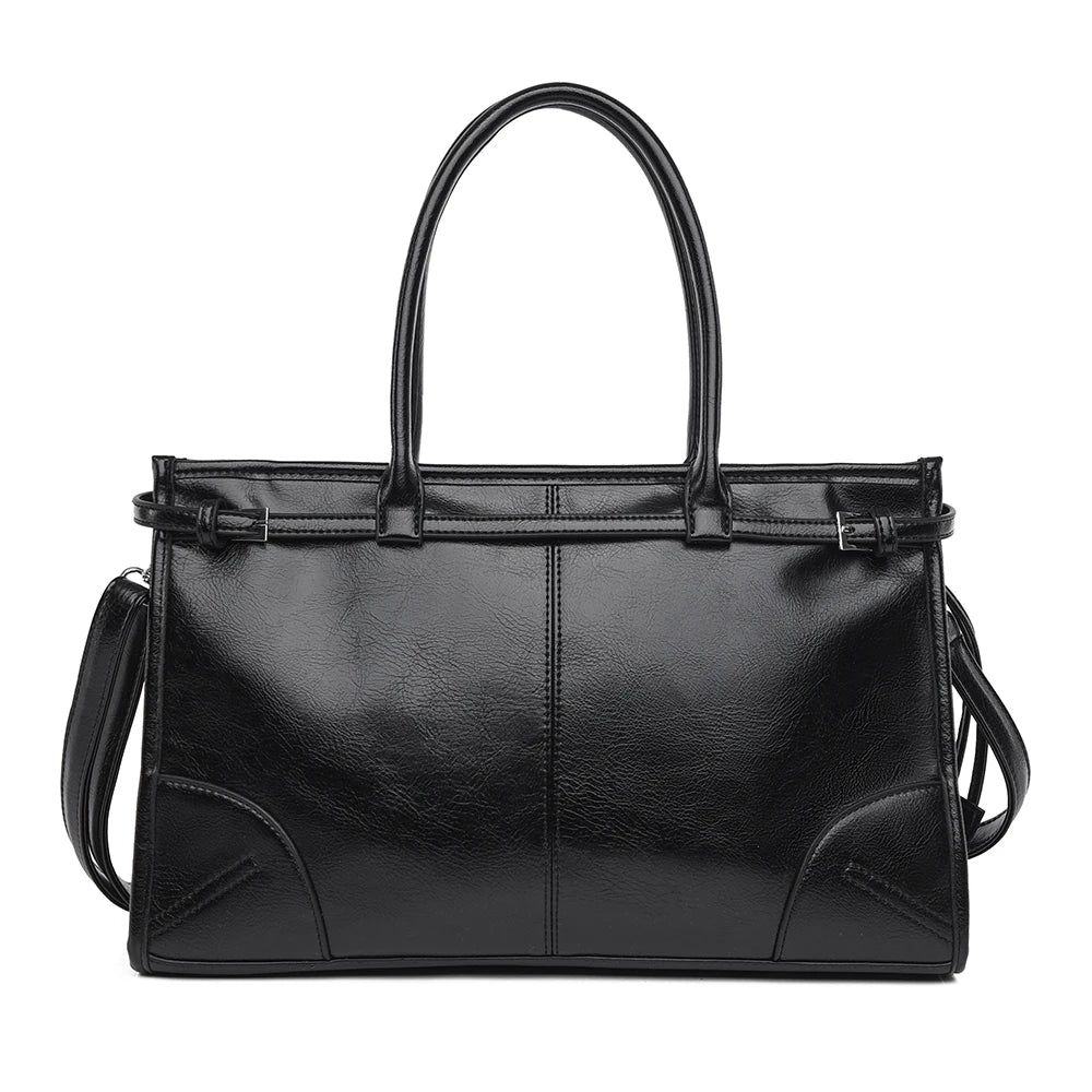 Black leather handbag with a shoulder strap