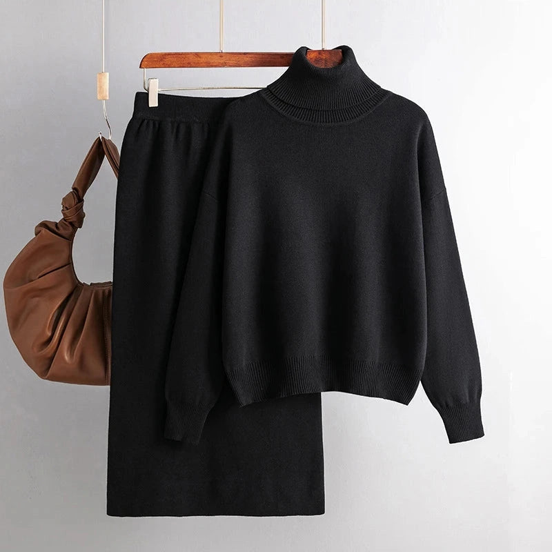 Two Piece Skirts Sets Knitted Solid Turtleneck Sweaters outfit sets