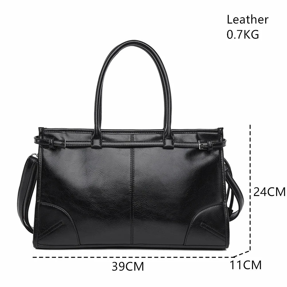 Black leather handbag with measurements on a white background