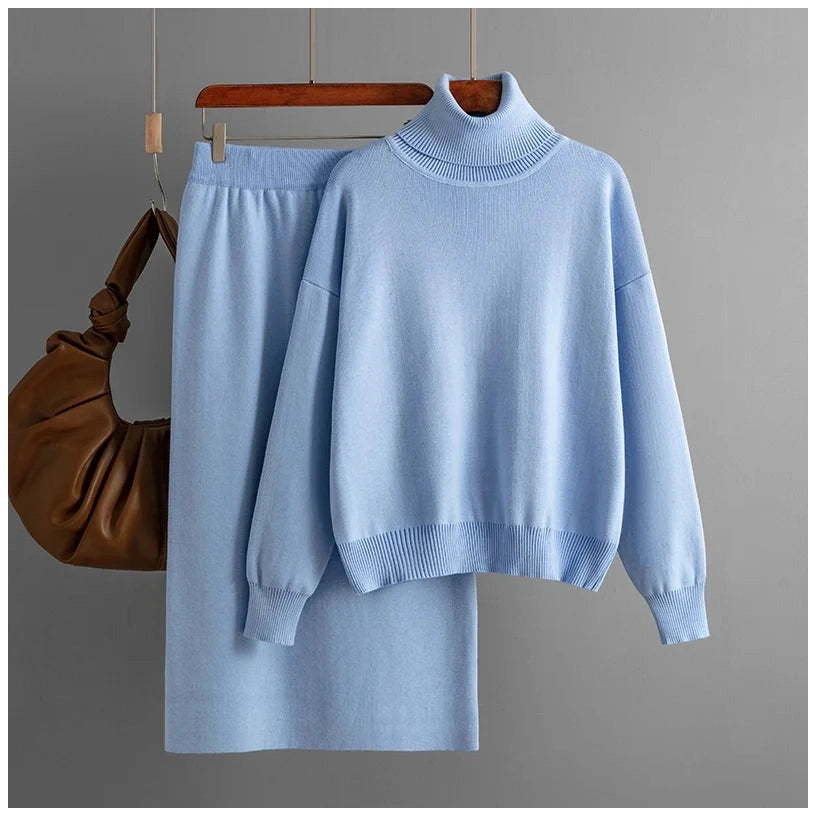 Two Piece Skirts Sets Knitted Solid Turtleneck Sweaters outfit sets