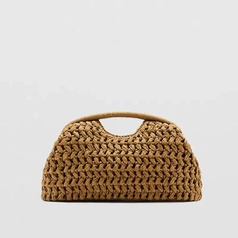 Brown woven handbag on a light gray background