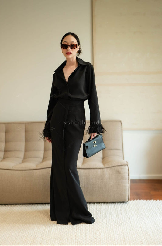Women's two piece set shirt fuzzy cuff&fish tail maxi skirt