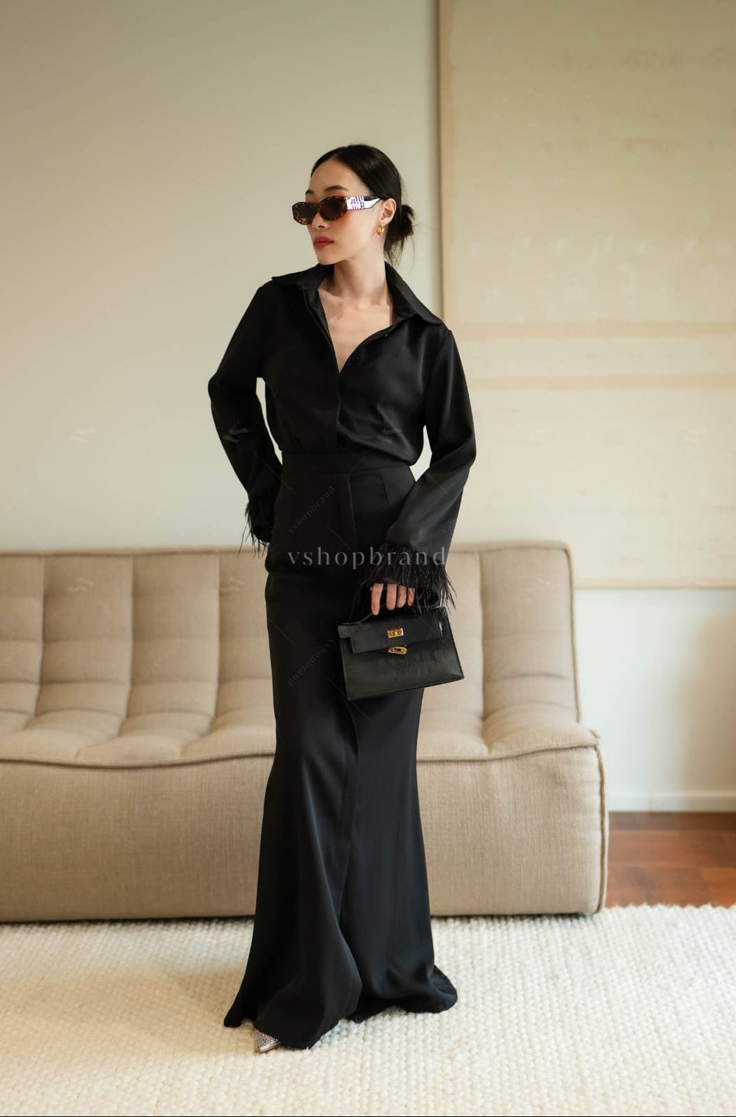Women's two piece set shirt fuzzy cuff&fish tail maxi skirt