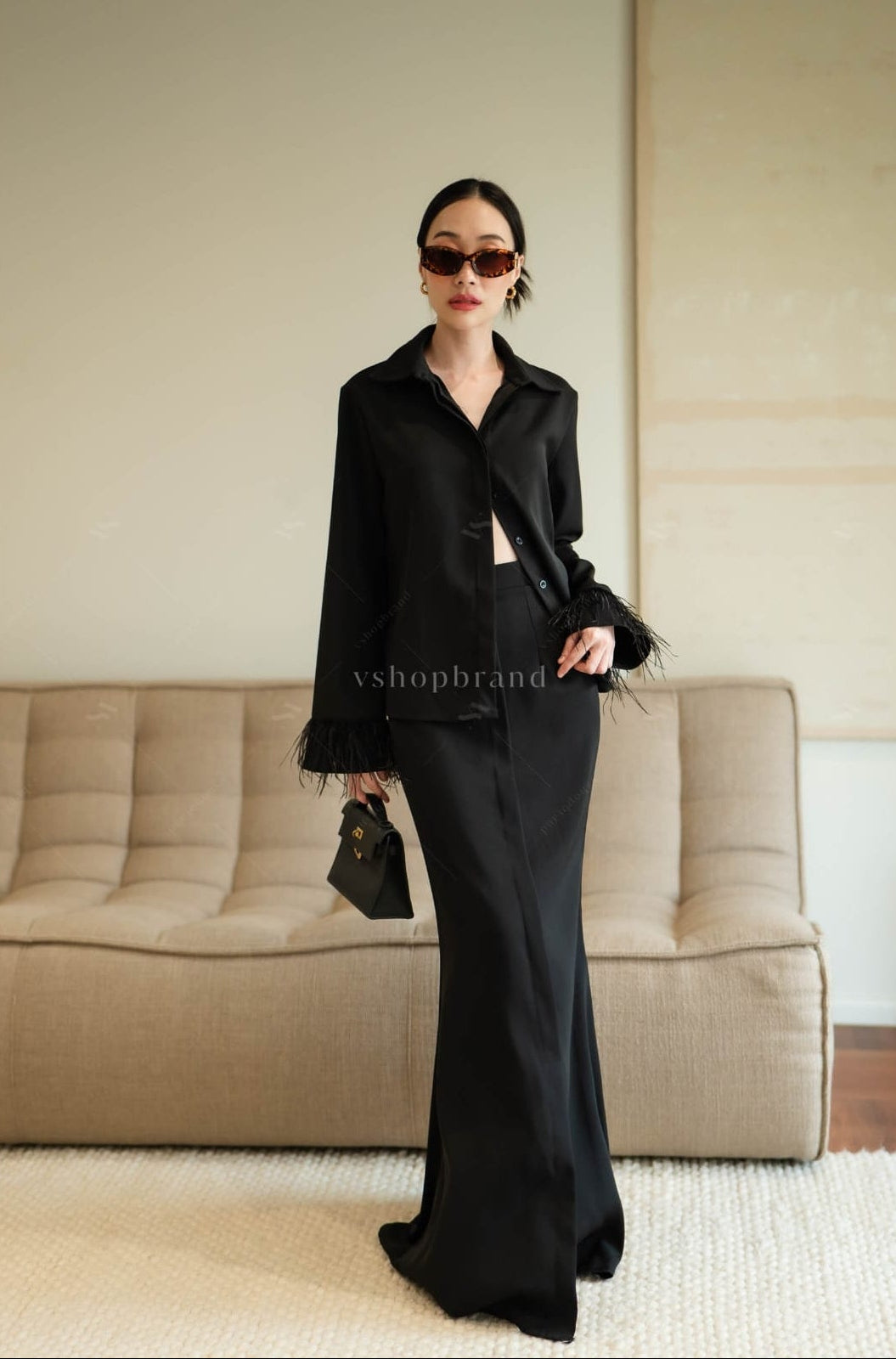 Women's two piece set shirt fuzzy cuff&fish tail maxi skirt
