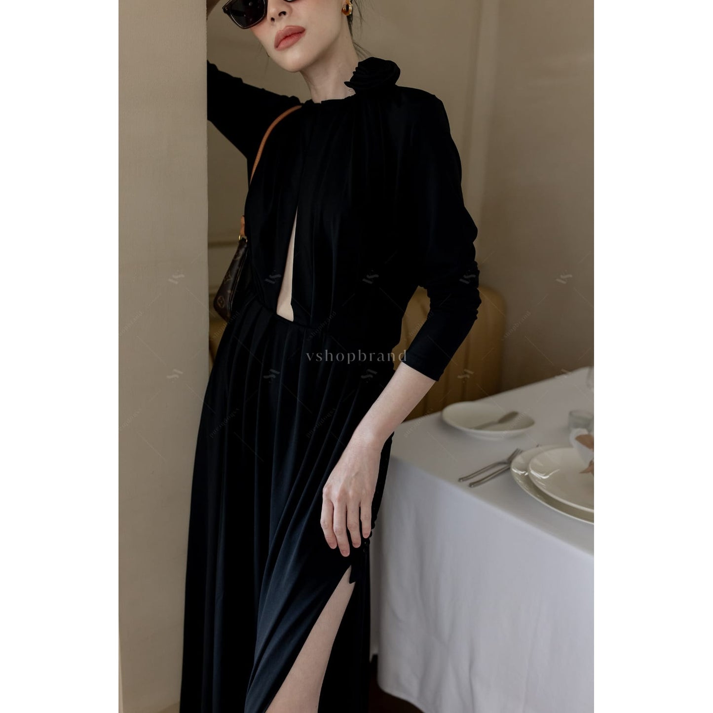 Women's maxi dresses front open sexy black split two side