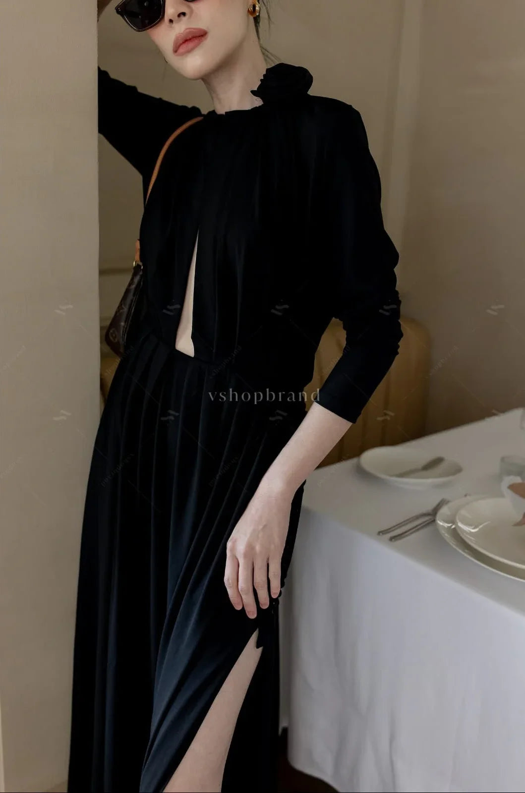 Women's maxi dresses front open sexy black split two side