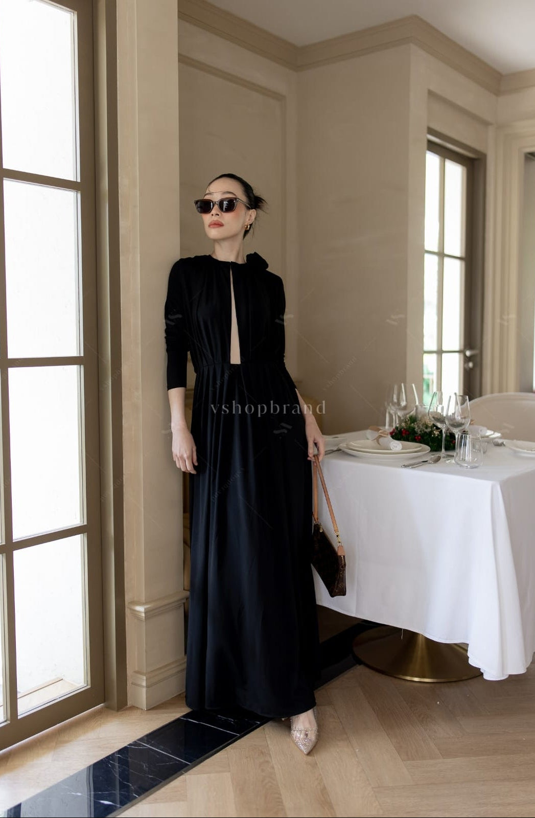 Women's maxi dresses front open sexy black split two side