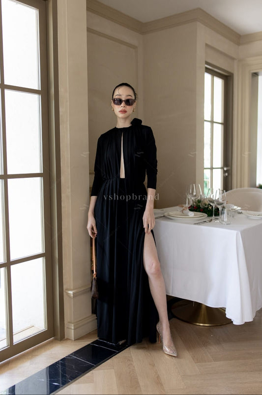 Women's maxi dresses front open sexy black split two side