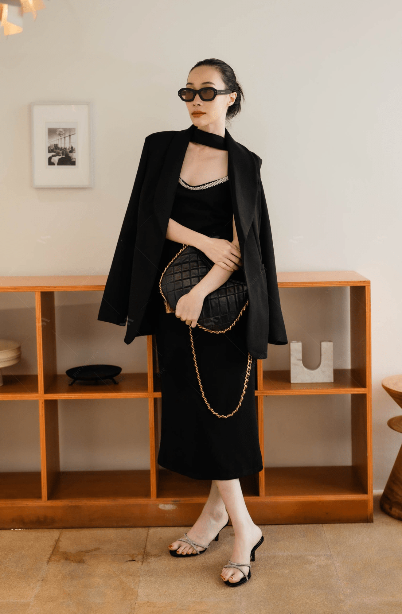 Women's two piece set luxury black tank top dress with oversize blazer and belt
