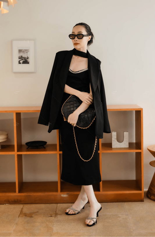 Women's two piece set luxury black tank top dress with oversize blazer and belt