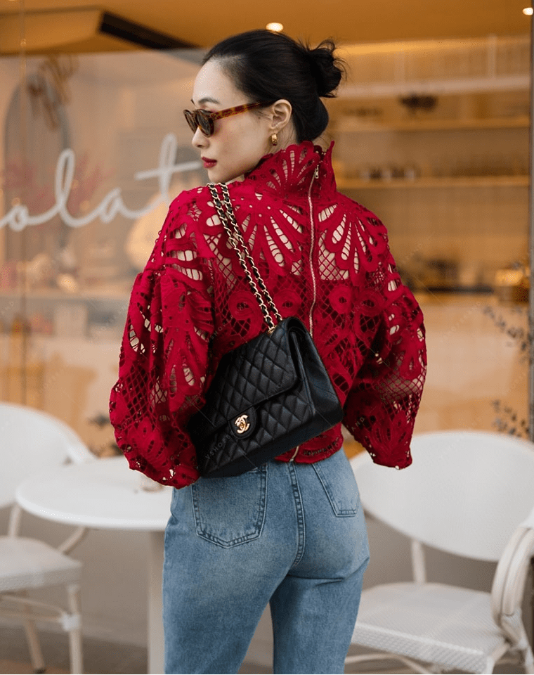 Women lace stand collar matching red Cami