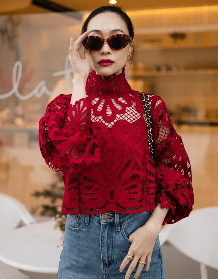 Women lace stand collar matching red Cami