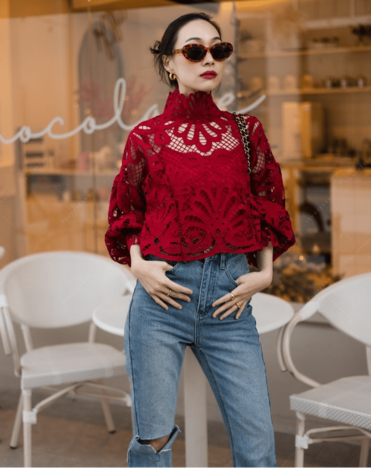 Women lace stand collar matching red Cami