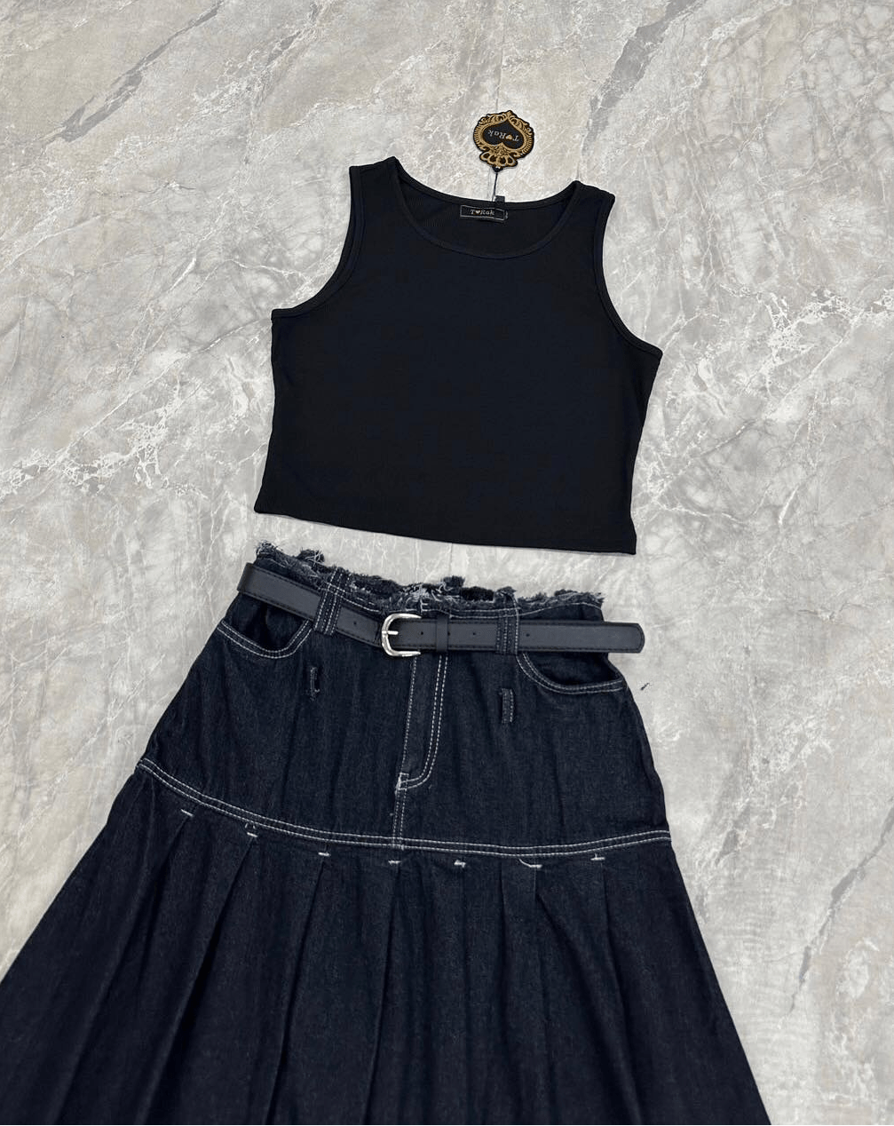 Women's Set 3 pcs Crop Tank top +High waist long jeans skirt with belt