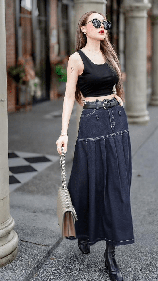 Women's Set 3 pcs Crop Tank top +High waist long jeans skirt with belt