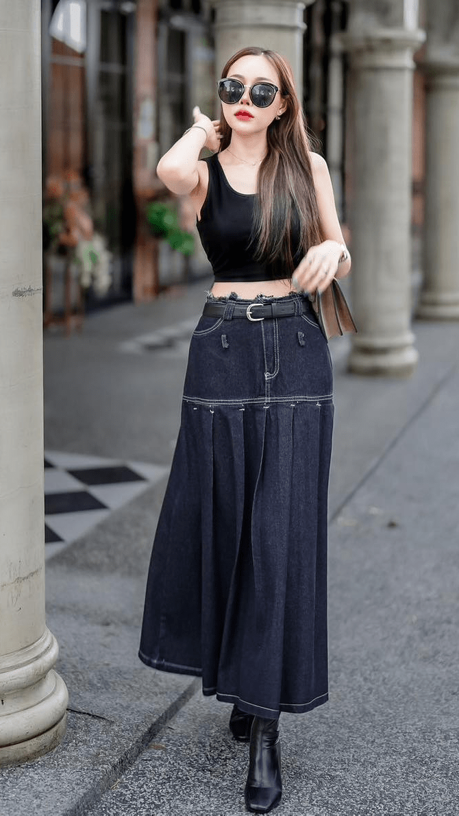 Women's Set 3 pcs Crop Tank top +High waist long jeans skirt with belt