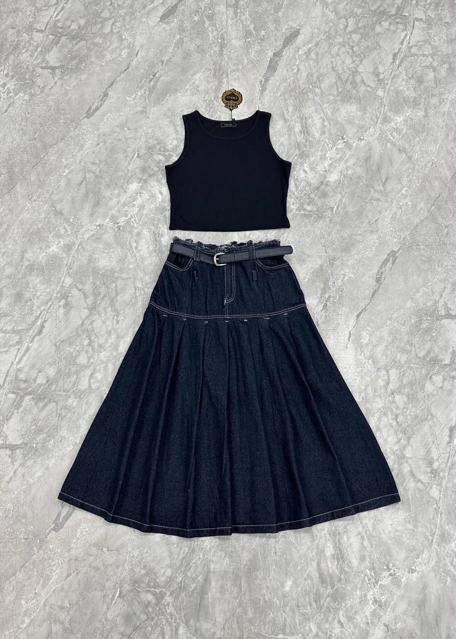 Women's Set 3 pcs Crop Tank top +High waist long jeans skirt with belt