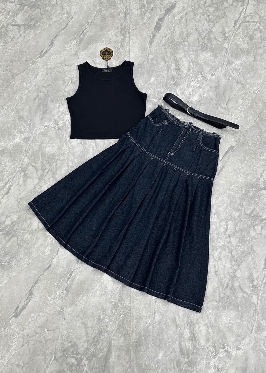 Women's Set 3 pcs Crop Tank top +High waist long jeans skirt with belt