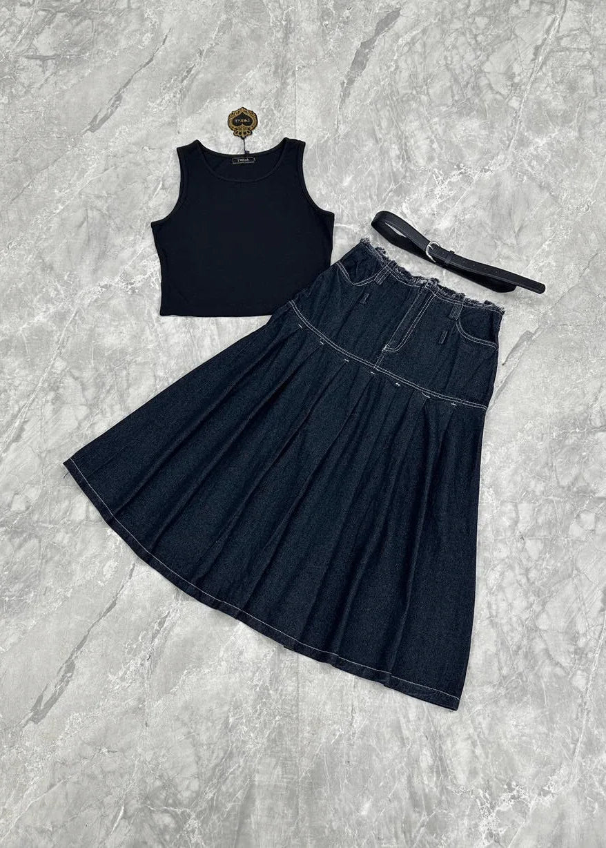 Women's Set 3 pcs Crop Tank top +High waist long jeans skirt with belt