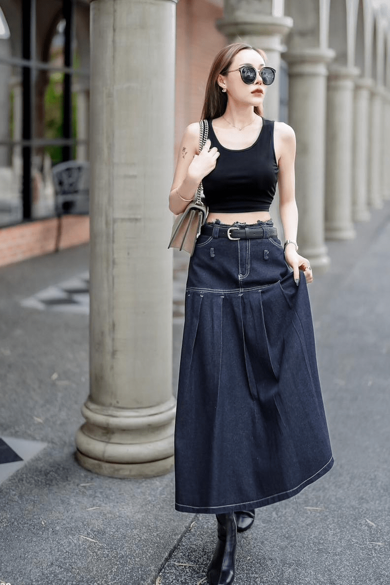 Women's Set 3 pcs Crop Tank top +High waist long jeans skirt with belt