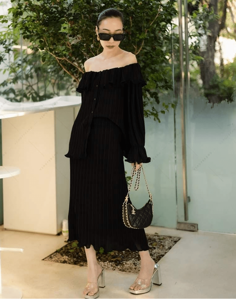 Women's two piece set off shoulder pleated blouse and pencil pleated skirt