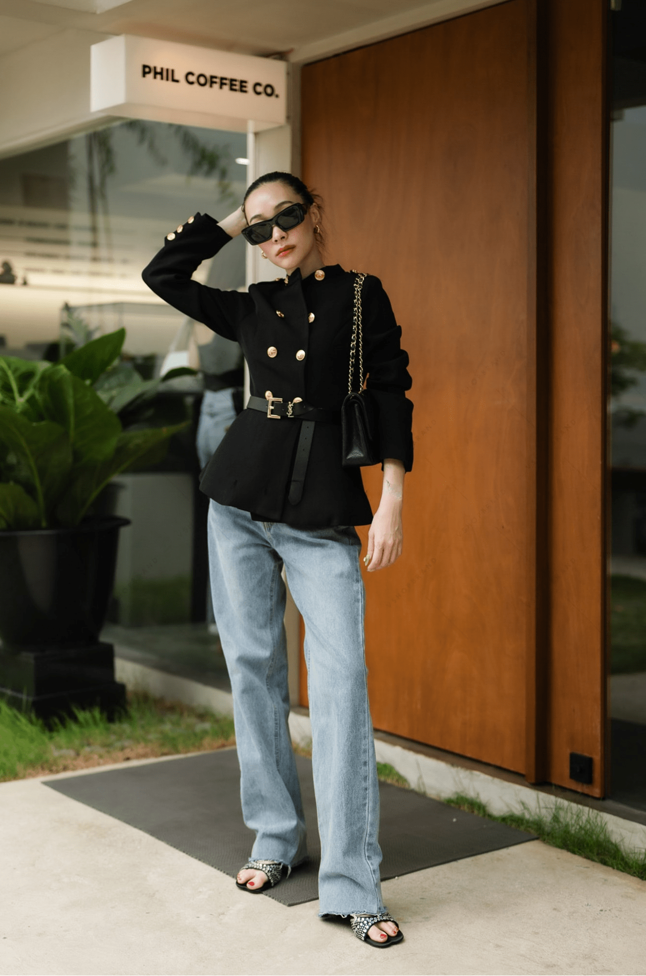 Women's Black Blazer pattern suit gold button hem shape with belt