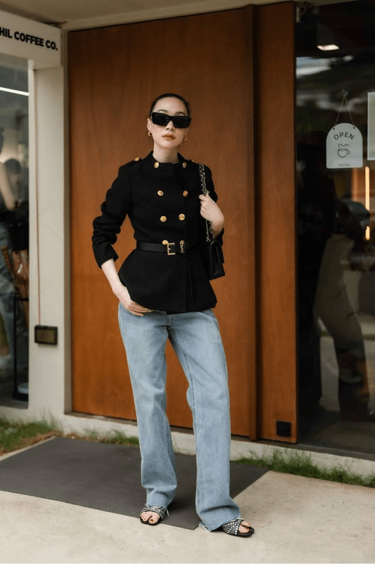 Women's Black Blazer pattern suit gold button hem shape with belt