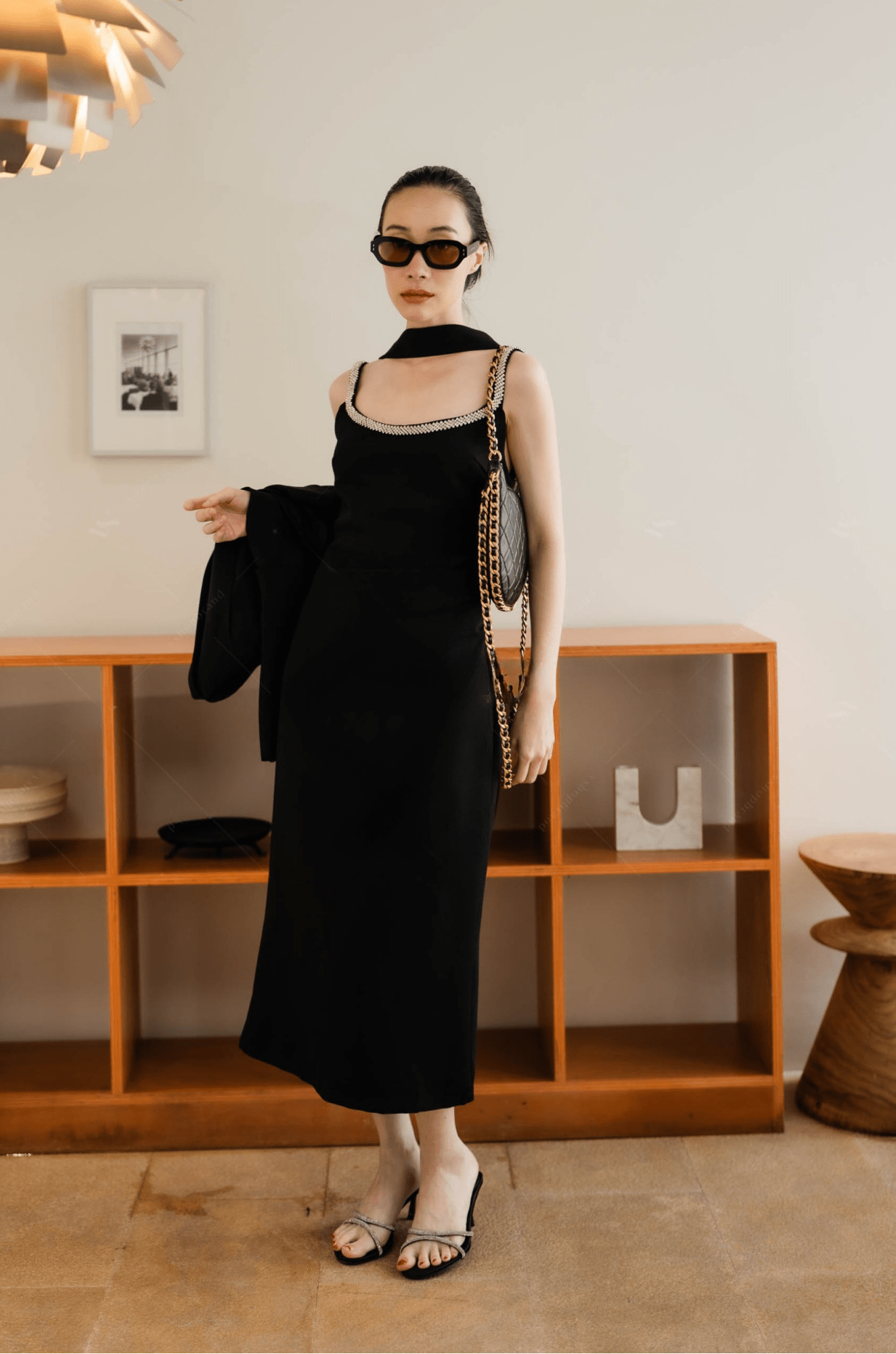 Women's two piece set luxury black tank top dress with oversize blazer and belt