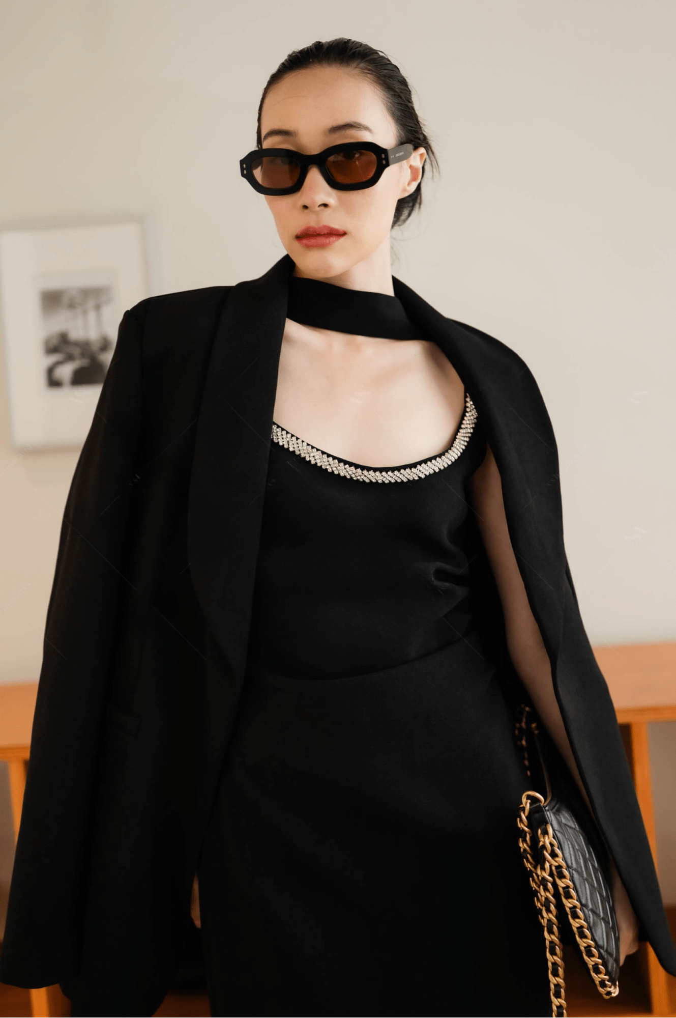 Women's two piece set luxury black tank top dress with oversize blazer and belt