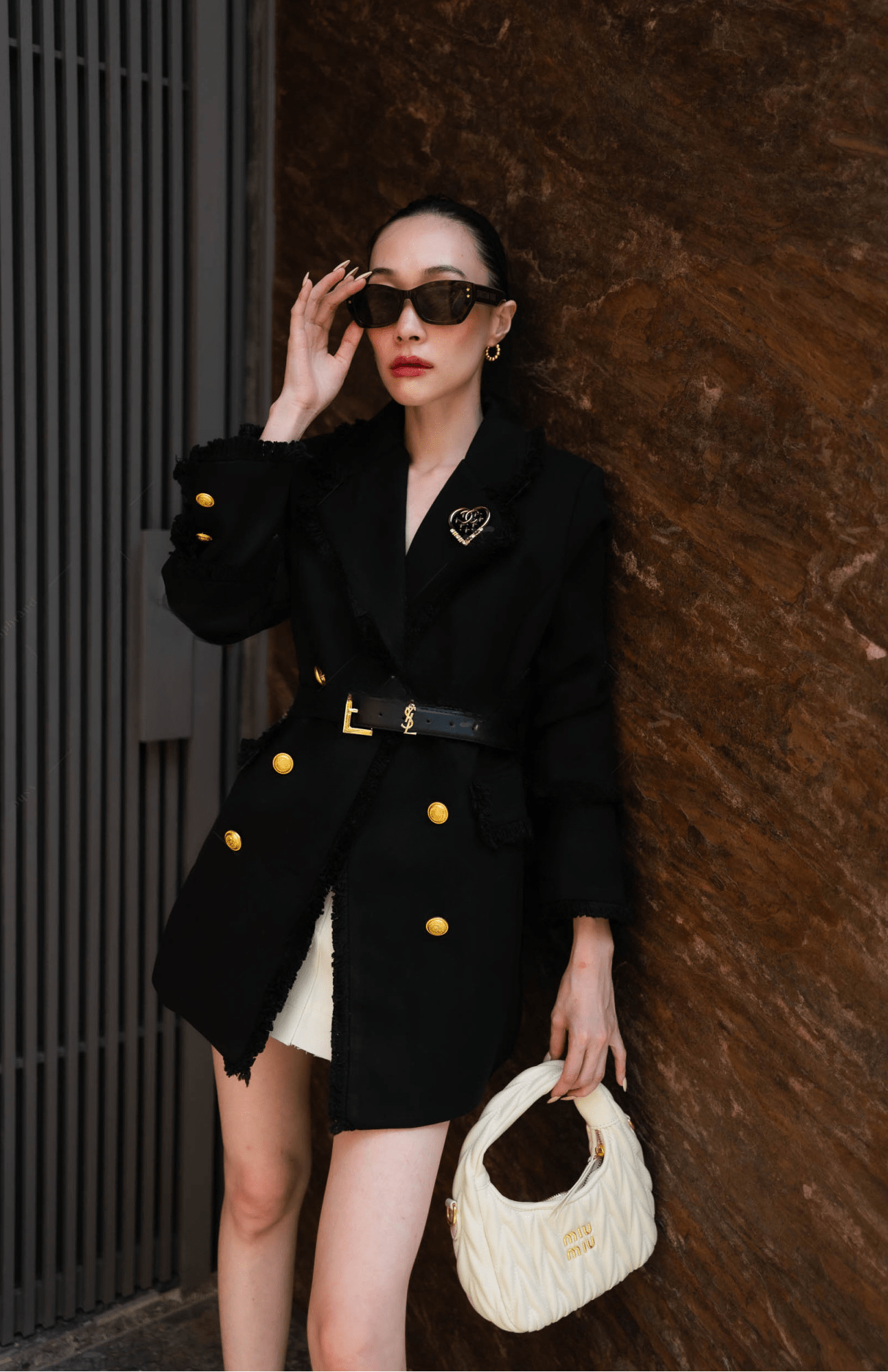Women's Wool Coat Jacket With Belt and Brooch
