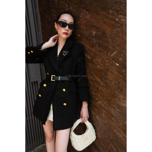 Women's Wool Coat Jacket With Belt and Brooch