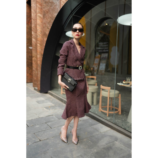 Women's business clothing sets Tweed Blazer Suit with Belt and Fish Tail Skirt
