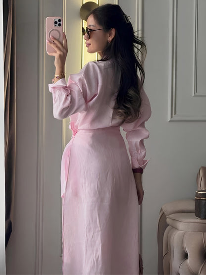 Women's Cotton 3-Piece Set with Waist Tie, Stand Collar & Wide Leg Pant