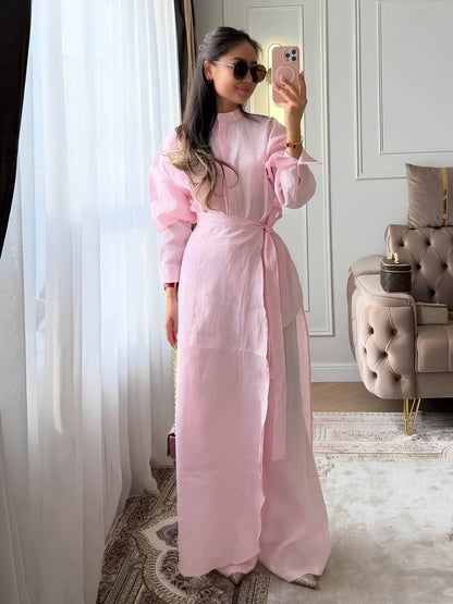 Women's Cotton 3-Piece Set with Waist Tie, Stand Collar & Wide Leg Pant