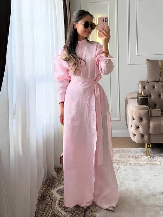 Women's Cotton 3-Piece Set with Waist Tie, Stand Collar & Wide Leg Pant