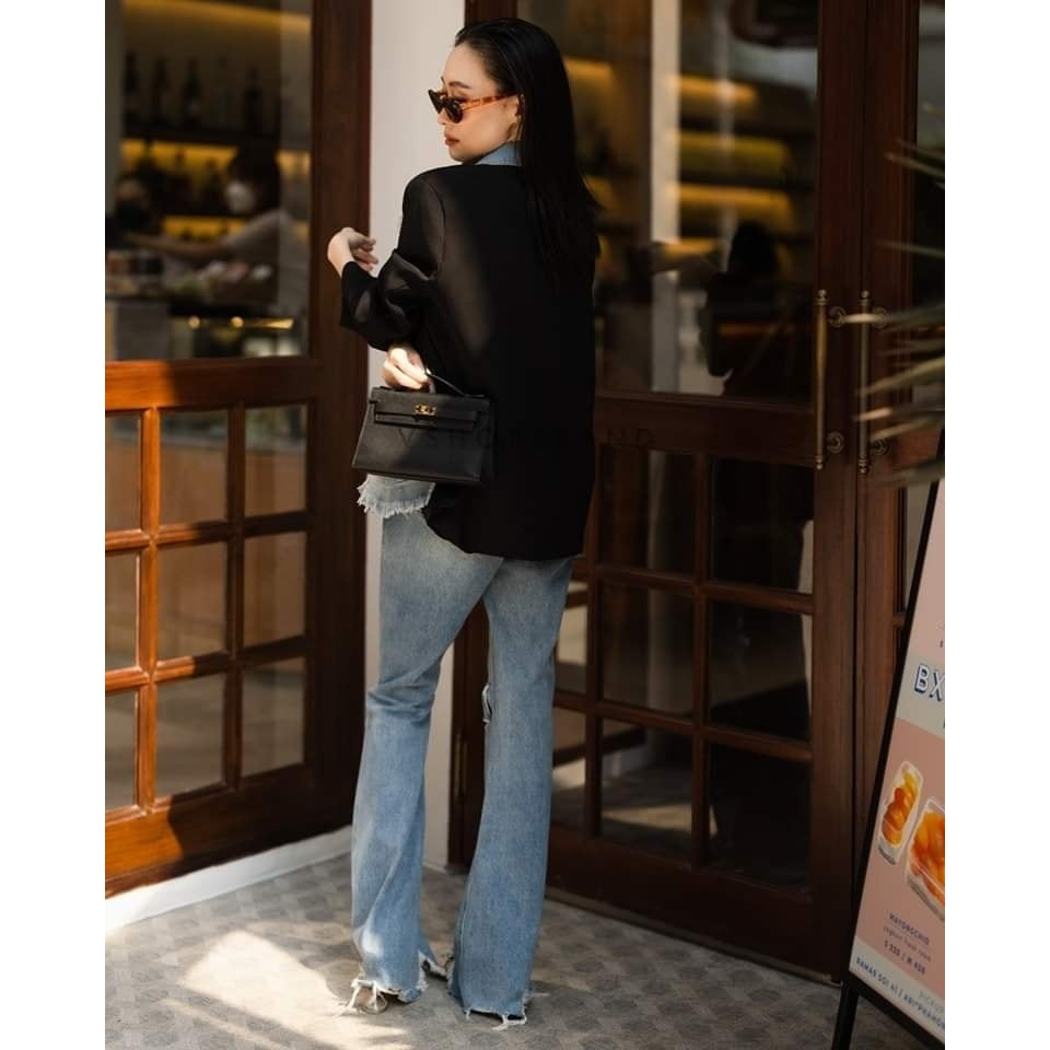 Chic women's blazer jeans pocket patchwork design