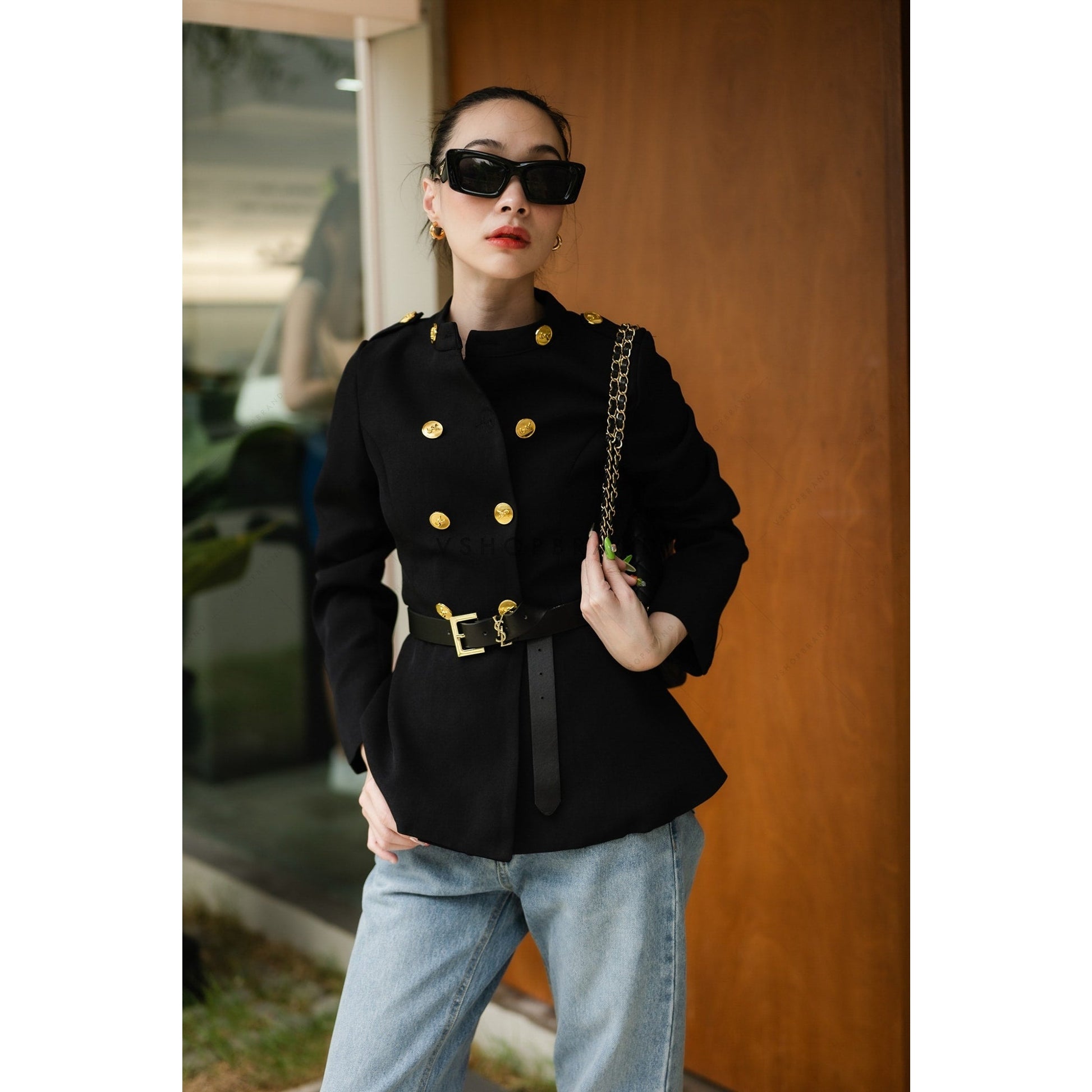 Women's Black Blazer pattern suit gold button hem shape with belt