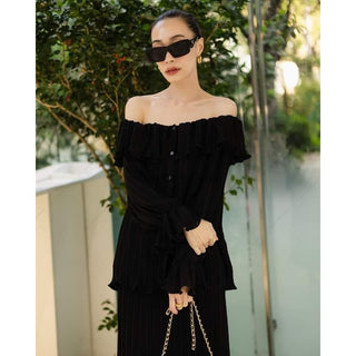 Women's two piece set off shoulder pleated blouse and pencil pleated skirt