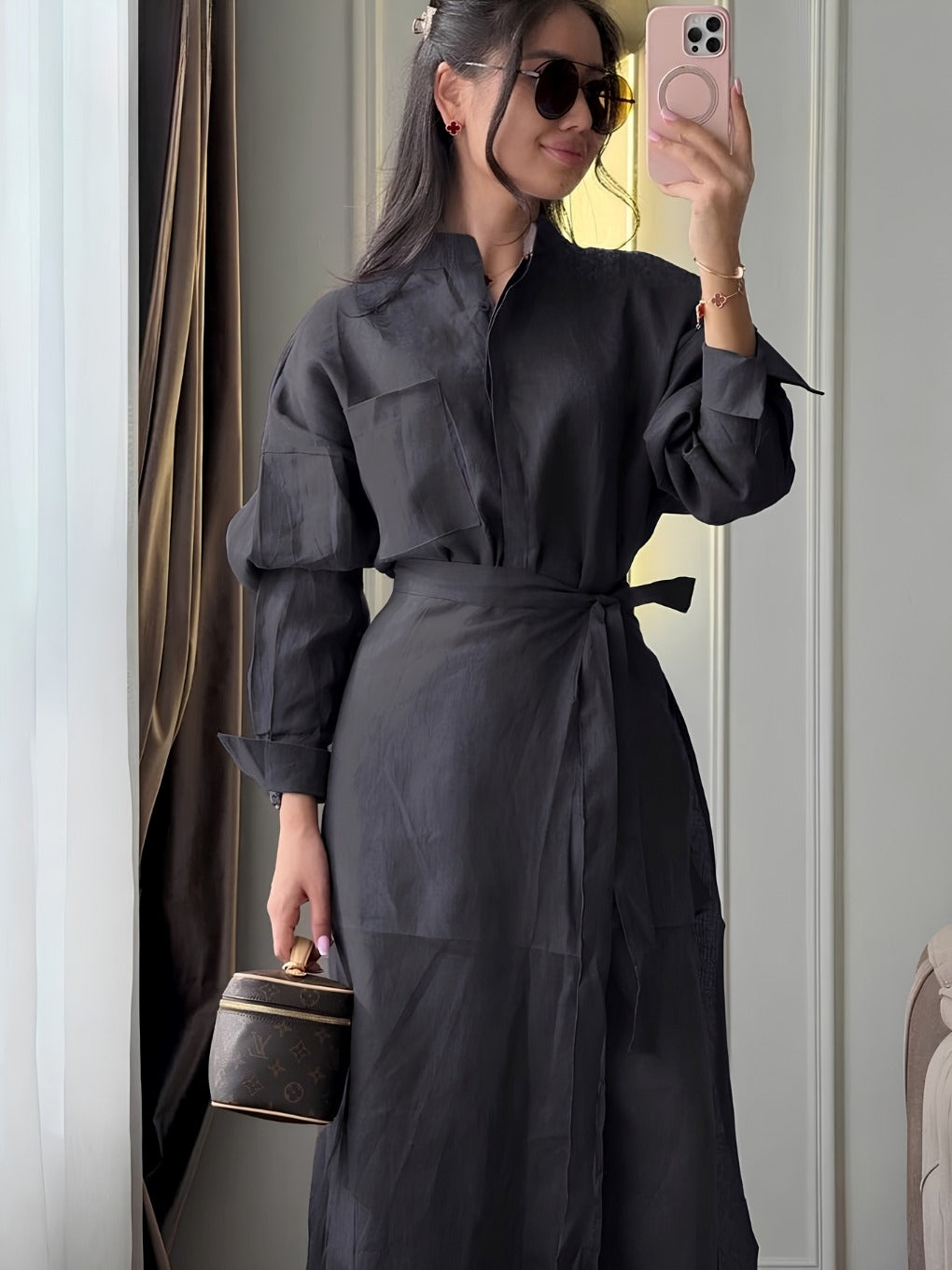 Women's Cotton 3-Piece Set with Waist Tie, Stand Collar & Wide Leg Pant