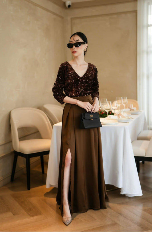 elegant v-neck sequin maxi dress Split Front