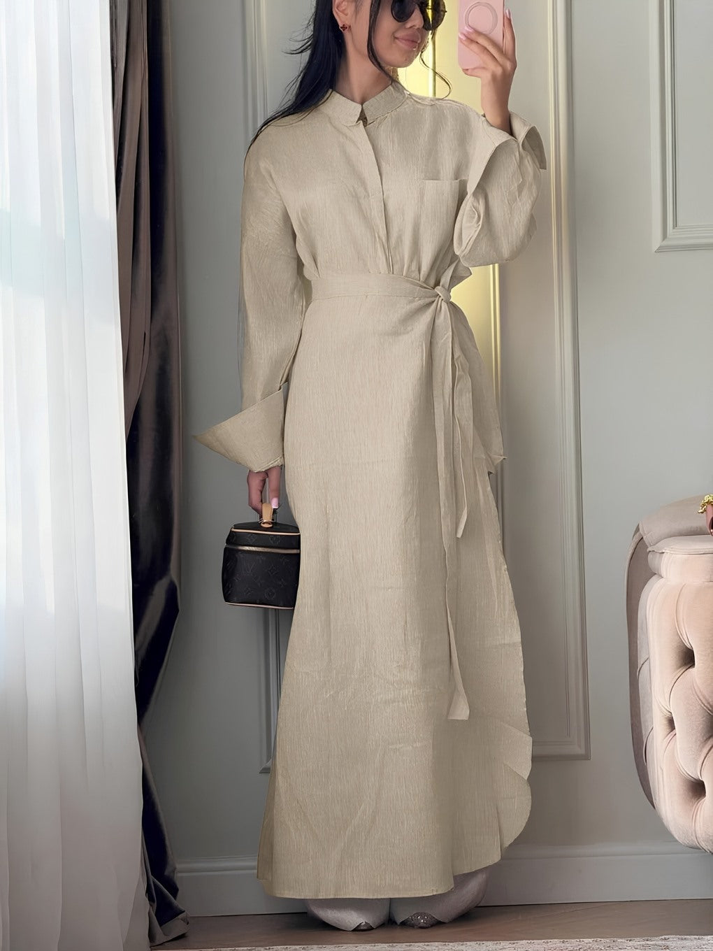 Women's Cotton 3-Piece Set with Waist Tie, Stand Collar & Wide Leg Pant