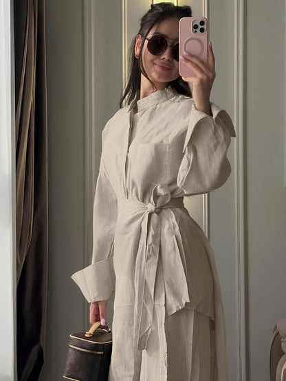 Women's Cotton 3-Piece Set with Waist Tie, Stand Collar & Wide Leg Pant
