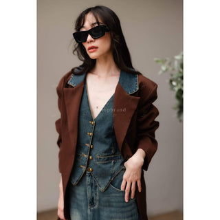 Women's two piece sets vest jeans and two tone collar oversize blazer