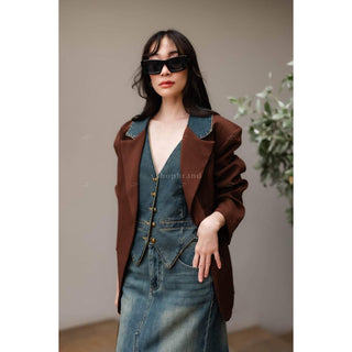 Women's two piece sets vest jeans and two tone collar oversize blazer