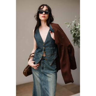 Women's two piece sets vest jeans and two tone collar oversize blazer